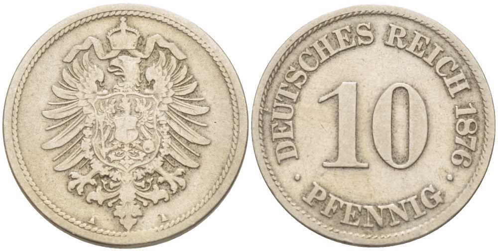 Германия 10 пфеннигов 1876 A, старогербовка KM 4, Jager 4, Weege 7 медно-никель 202-132