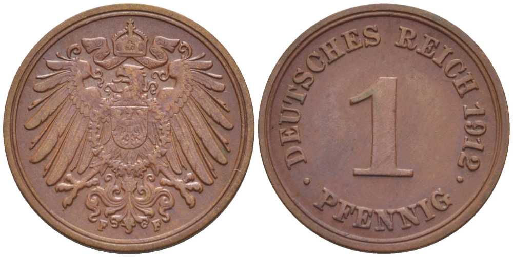 ГЕРМАНИЯ 1 ПФЕННИГ 1912 F KM 10, J. 10, Weege 2 медь 206-413