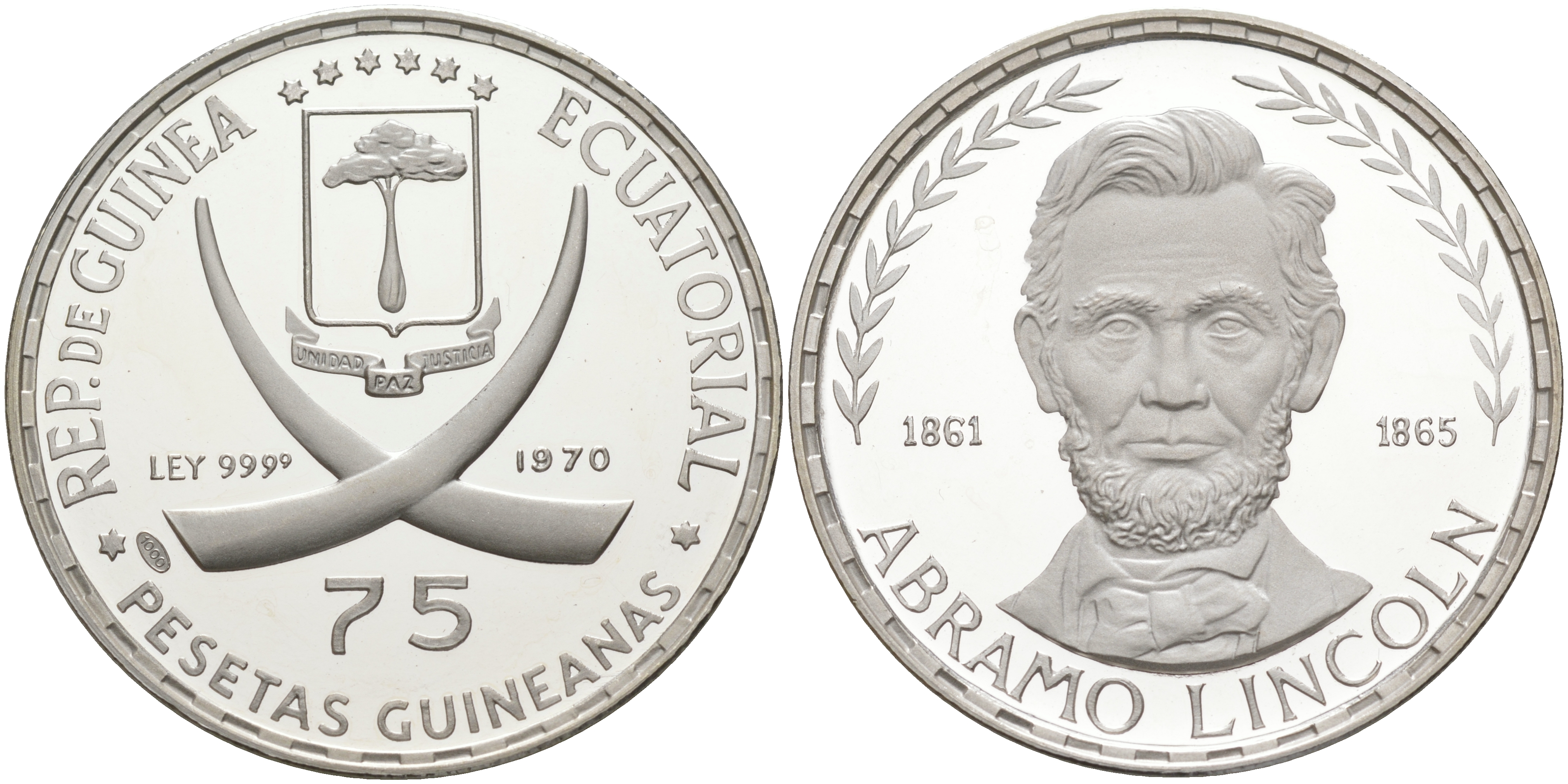 Экваториальная Гвинея 75 песет 1970 Авраам Линкольн, Президент США (1861-1865) KM 10.1 серебро PROOF 1091-7-22
