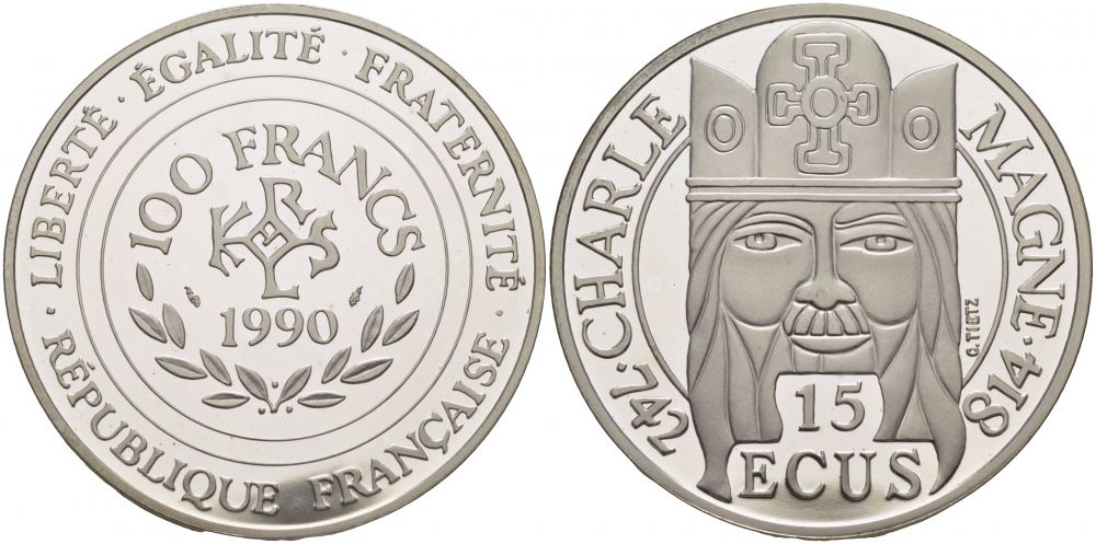 Франция 100 франков - 15 экю 1990 Карл I Великий (742-814) KM 989 серебро PROOF 00-000-00