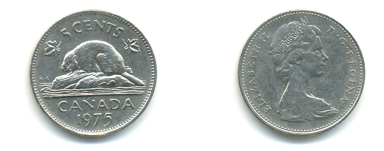 Канада 5 центов 1975 Елизавета II (1952-2022), бобр KM 60.1 никель 86-1121