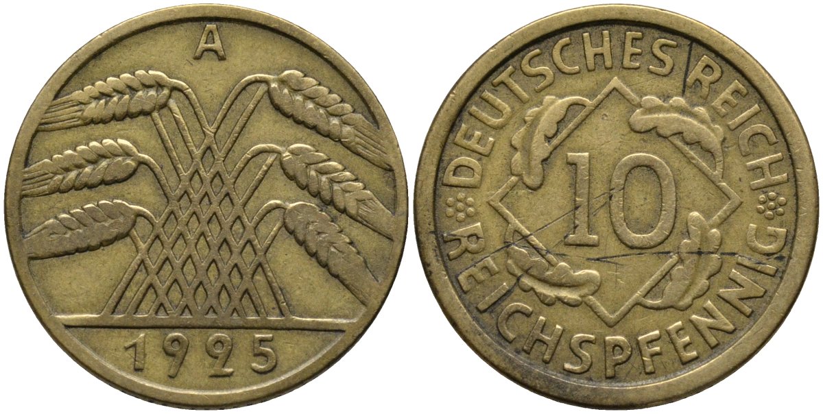 Германия 10 рейхспфеннигов 1925 A KM 40 алюминиевая бронза 4171-332