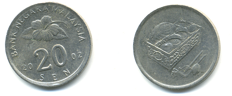 Малайзия 20 сенов 2002 цветок KM 52 медно-никель 176-1017