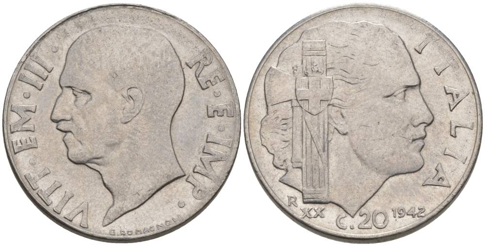 ИТАЛИЯ 20 ЧЕНТЕЗИМО 1942 R, ГОД XX, ВИКТОР ЭММАНУИЛ III (1900-1946), МАГНИТНАЯ, ГУРТ РИФЛЁНЫЙ KM 75b, VEM3. 1029 нержавеющая сталь 3853-426