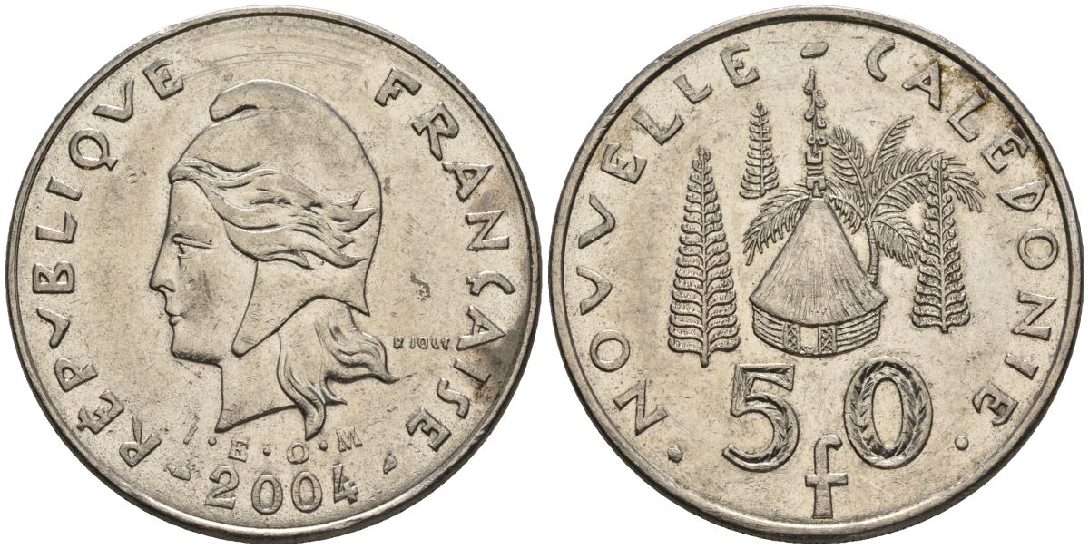 Французская Новая Каледония 50 франков 2004 хижина среди сосен и пальм, (IEOM) KM 13, Schoen 15, Lec 121 никель 4144-225