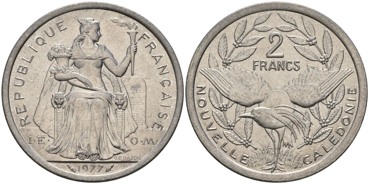 Французская Новая Каледония 2 франка 1977 KM 14 алюминий 4149-614