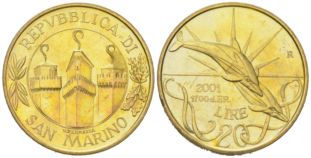 Сан-Марино 20 лир 2001 рак KM 425 алюминиевая бронза BU 4571-834