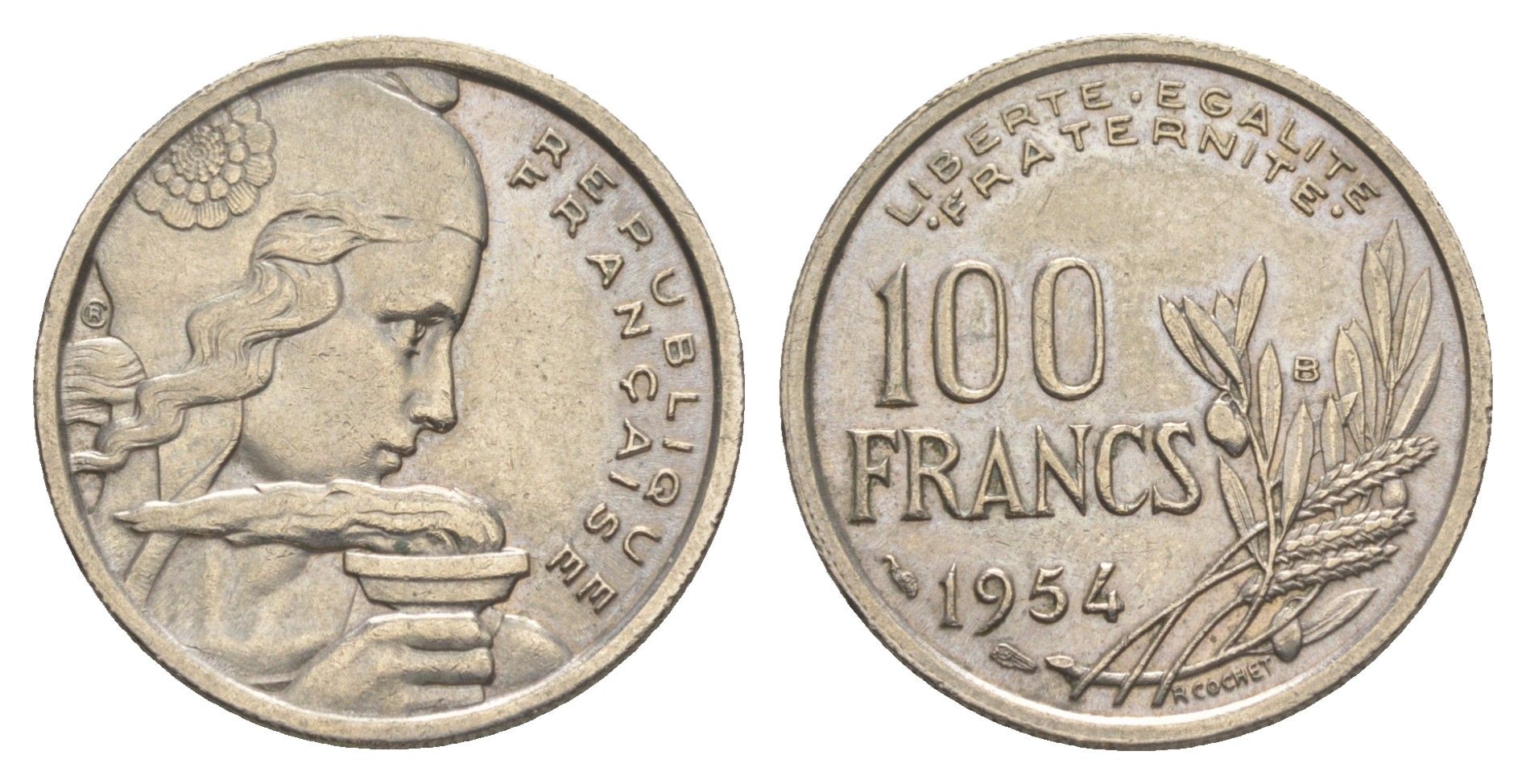 Франция 100 франков 1954 B KM 919.2. Le Franc 450.3 медно-никель 4556-157 медно-никель 4563-557