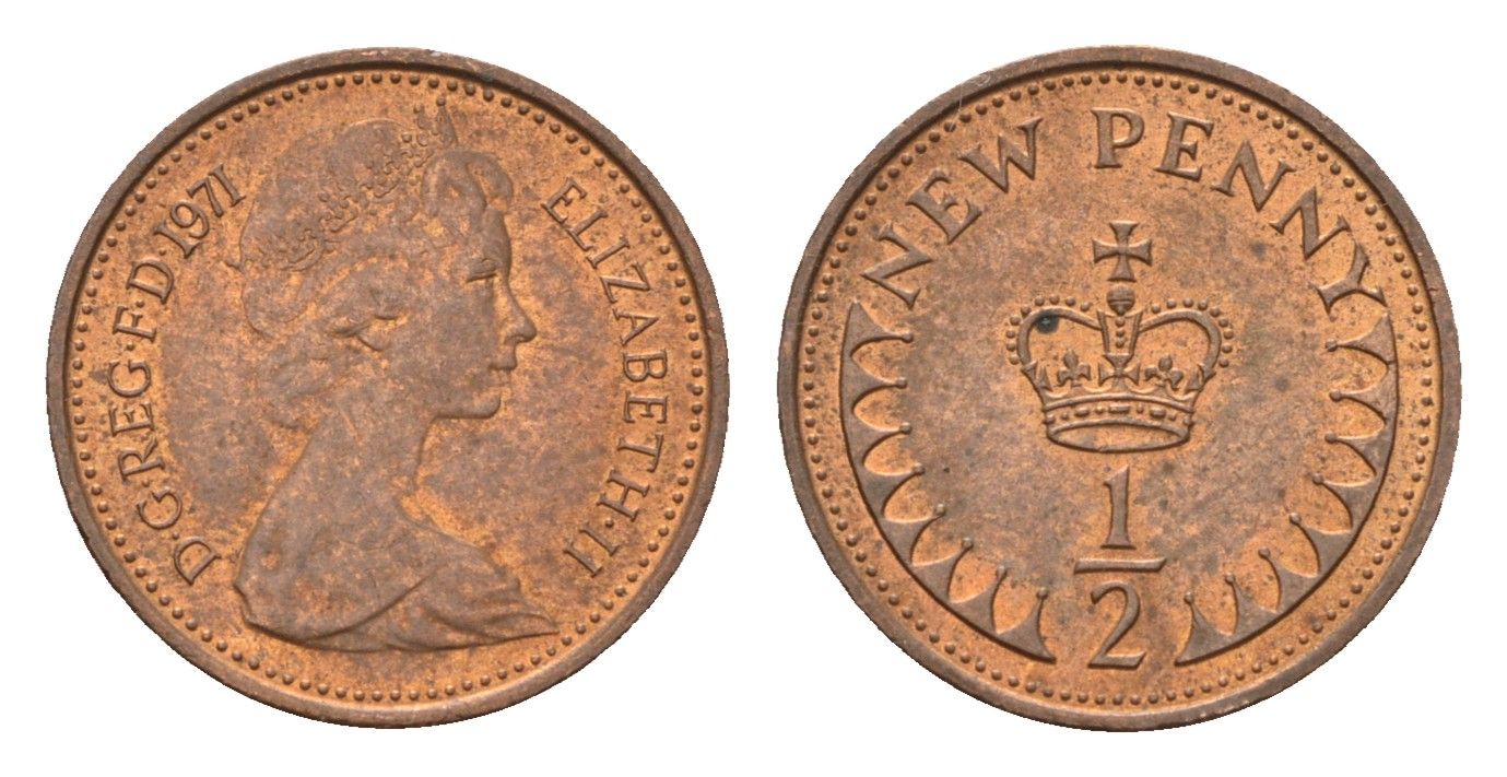 Великобритания 1/2 пенни 1971 Елизавета II (1952-2022) KM 914, Spink 4239 бронза UNC 4532-415