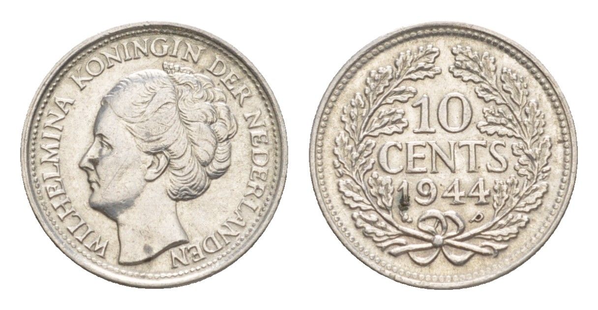 Нидерланды 10 центов 1944 Вильгельмина (1890-1948) KM 163 серебро aUNC 4630-224