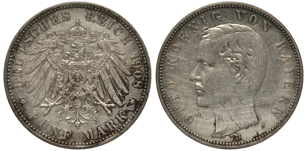 Бавария 5 марок 1908 Отто (1886-1913) Weege 47, J. 46, KM 512 серебро 3711-1541