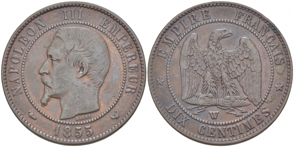 Франция 10 сантимов 1855 W, Наполеон III (1852-1870) KM 771.7, LE FRANC 133.30 бронза 1515-324