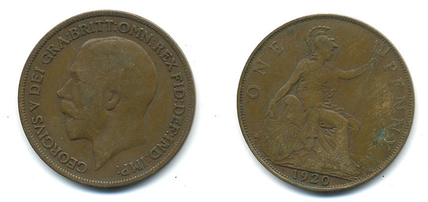 Великобритания 1 пенни 1920 Георг V (1910-1936) КМ 810, Spink 4051 бронза 4110-222