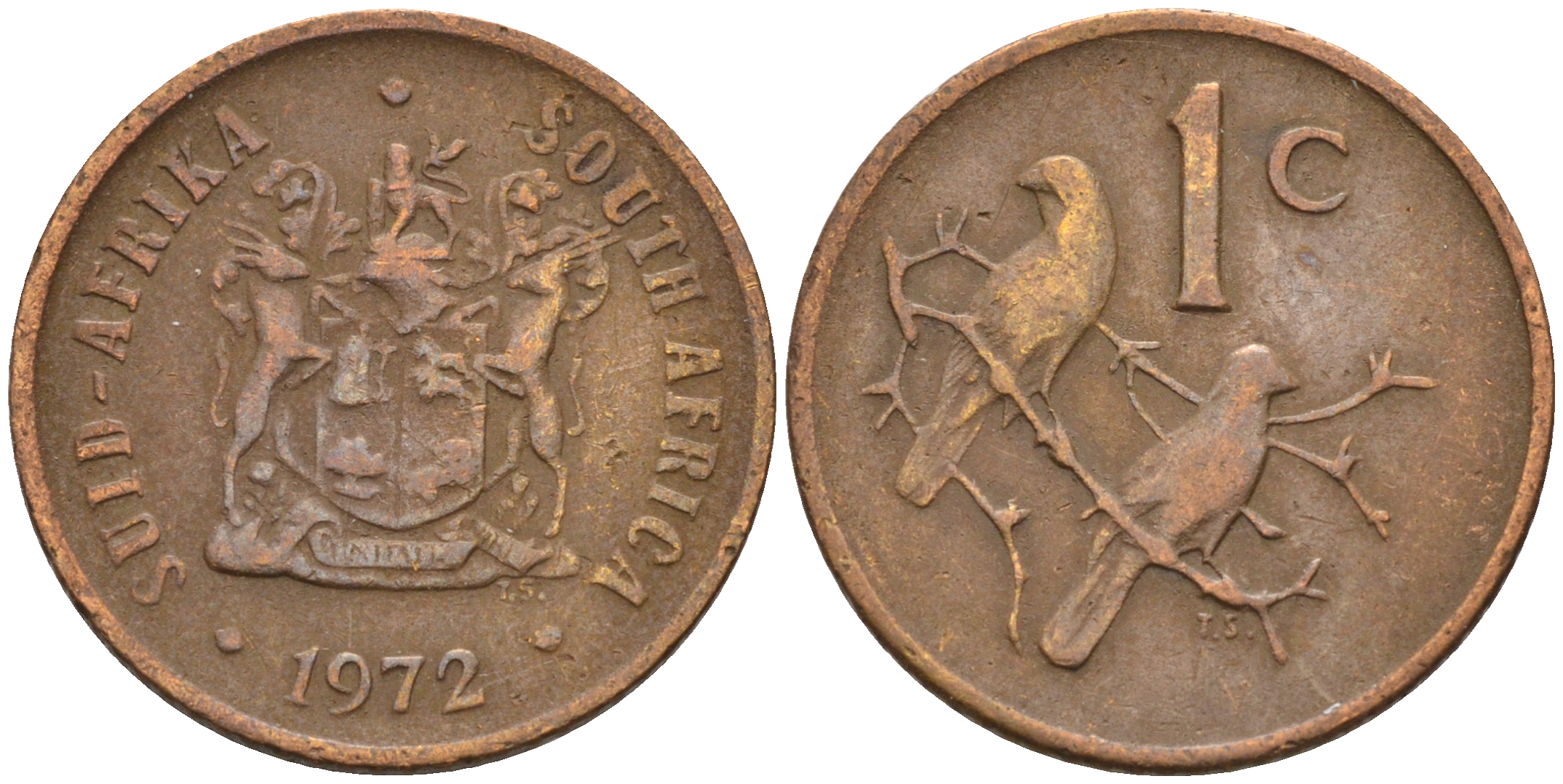 ЮАР 1 цент 1972 герб, капские воробьи KM 82 бронза 4115-166