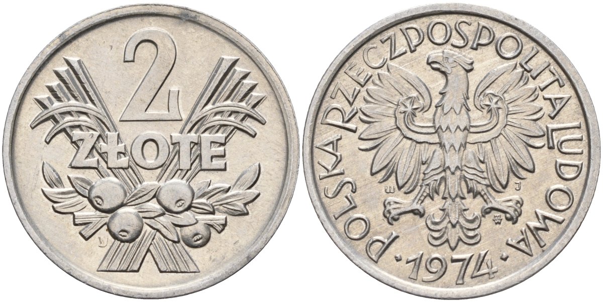 Польша 2 злотых 1974 MW, Народная Республика KM 46, Parchimowicz 216h алюминий 4526-433