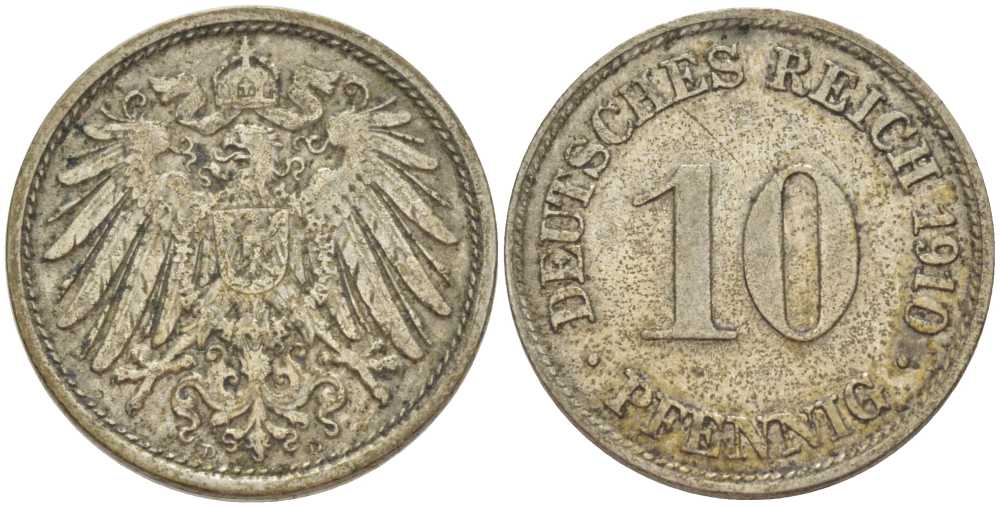 ГЕРМАНИЯ 10 ПФЕННИГОВ 1910 D KM 12, J. 13, Weege 8 медно-никель 212-132