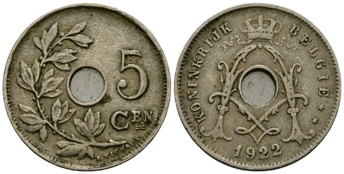 Бельгия 5 сантимов 1922 Belgie KM 67 медно-никель 4173-516