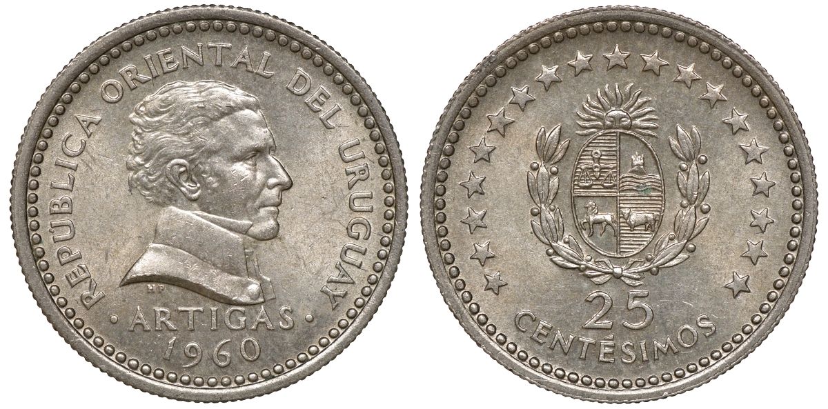 Уругвай 25 сентесимо 1960 KM 40 медно-никель 4169-845