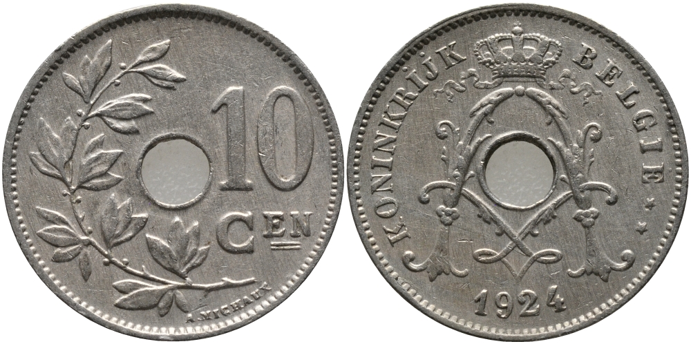 БЕЛЬГИЯ 10 САНТИМОВ 1924 BELGIE KM 86 медно-никель 4179-512