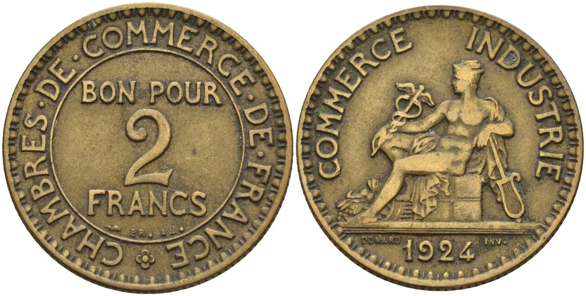Франция 2 франка 1924 Третья республика (1871-1940) KM 877, Le Franc 267.7 алюминиевая бронза 4144-322