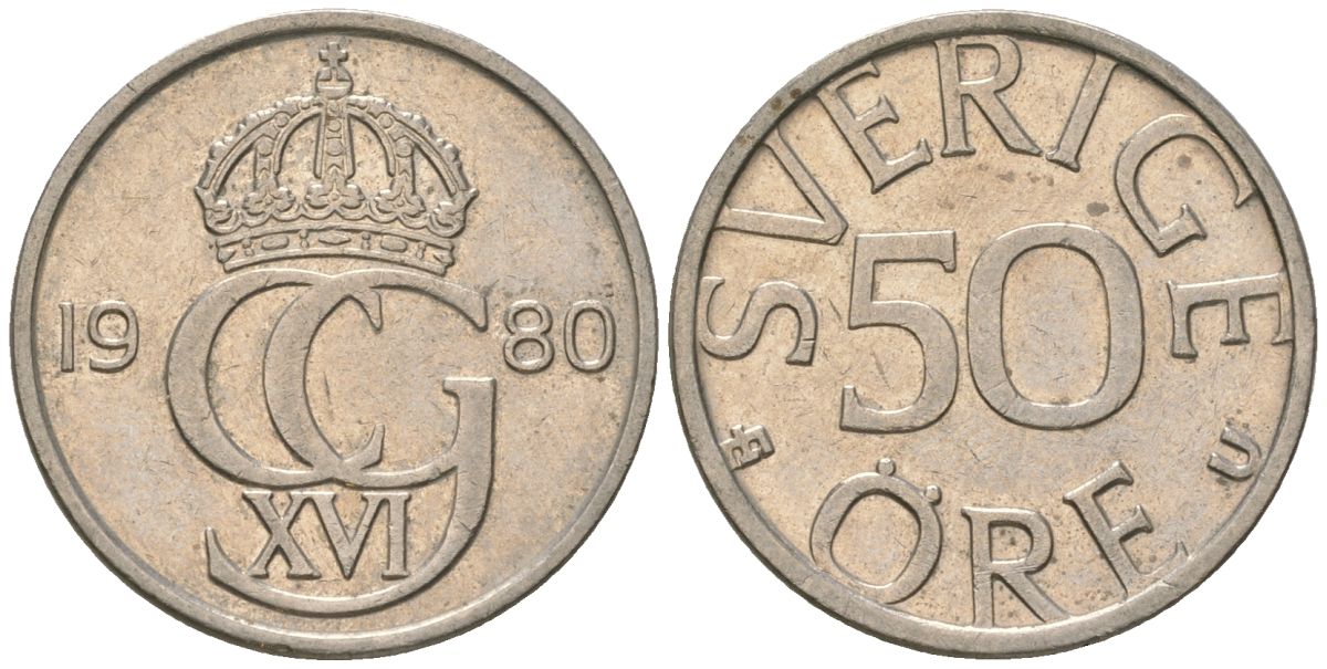 Швеция 50 эре 1980 U, Карл XVI Густав (1973-) KM 855 медно-никель UNC 4617-1154