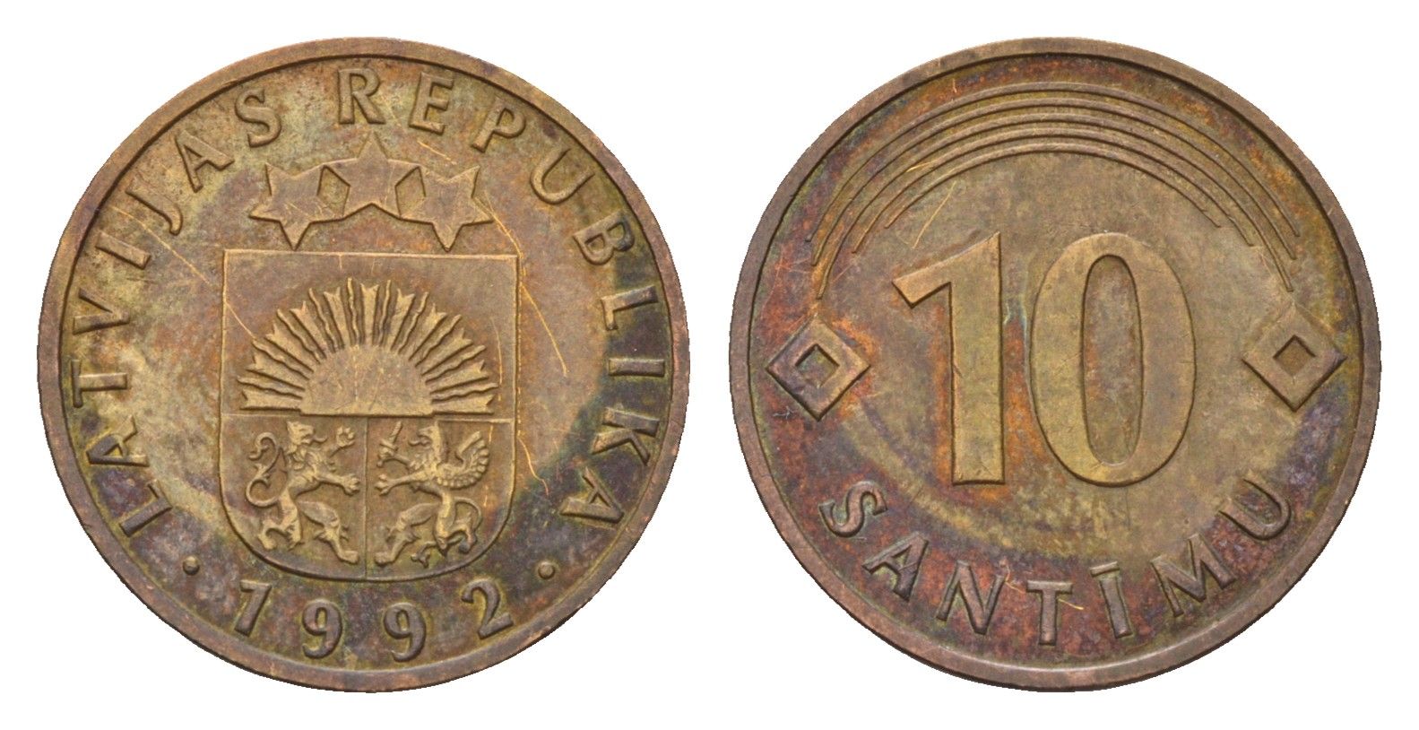 Латвия 10 сантимов 1992 KM 17 никель латунь 105-638