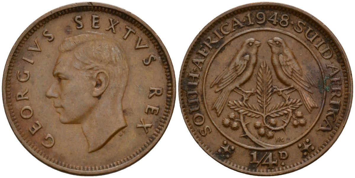 ЮАР 1/4 пенни 1948 Георг VI (1937-1952) KM 32.1 бронза 4164-637