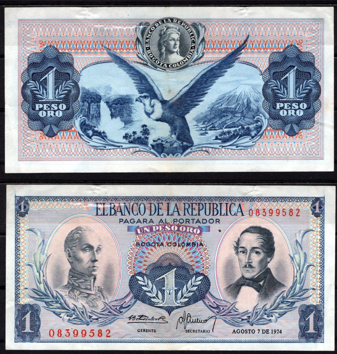 Колумбия 1 песо оро 1974 Симон Боливар, генерал Франсиско де Паула Сантандер, андский кондор Pick 404 e бумага 6299-13-2-2