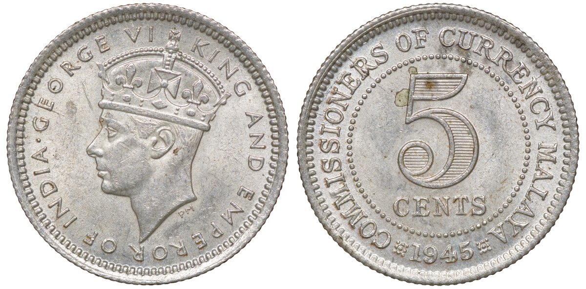 Британская Малайя 5 центов 1945 Георг VI (1937-1952) KM 3a серебро 53-164