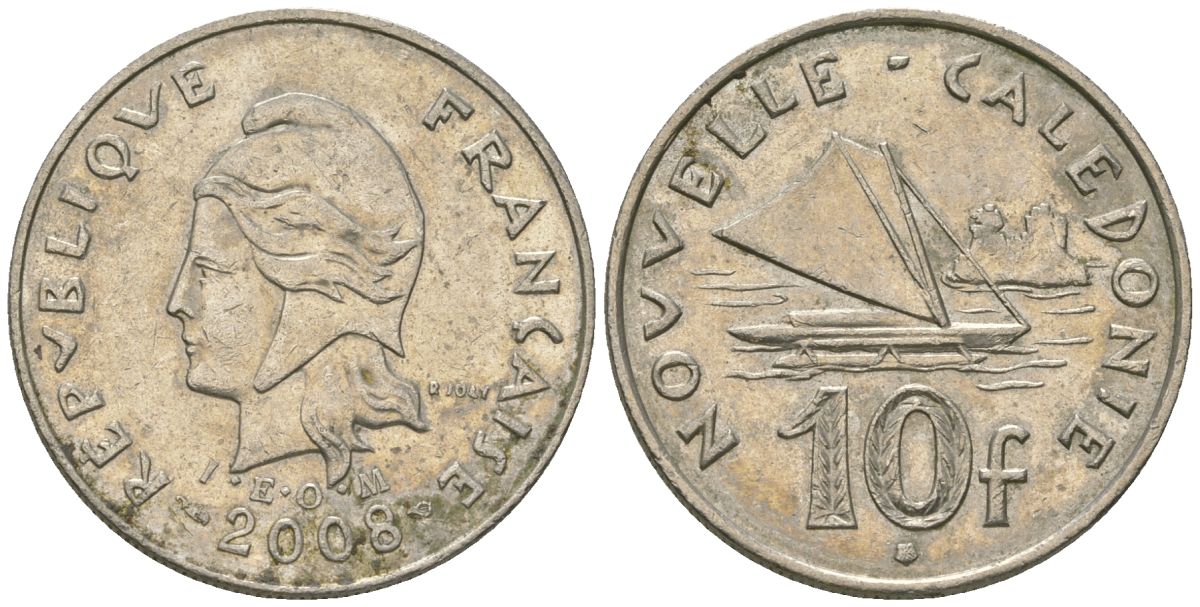 Французская Новая Каледония 10 франков 2008 рыбачья парусная лодка, (IEOM) KM 11a, Schoen 13a, Lec 99k медно-никель 60-217