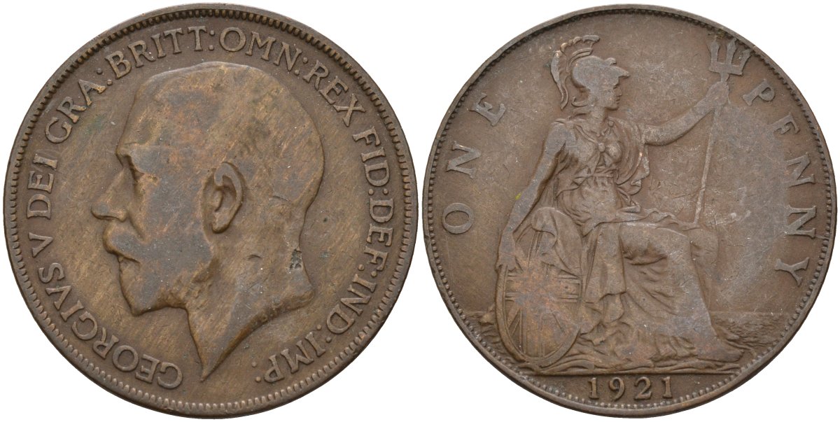 Великобритания 1 пенни 1921 Георг V (1910-1936) KM 810, Spink 4051 бронза 4144-512