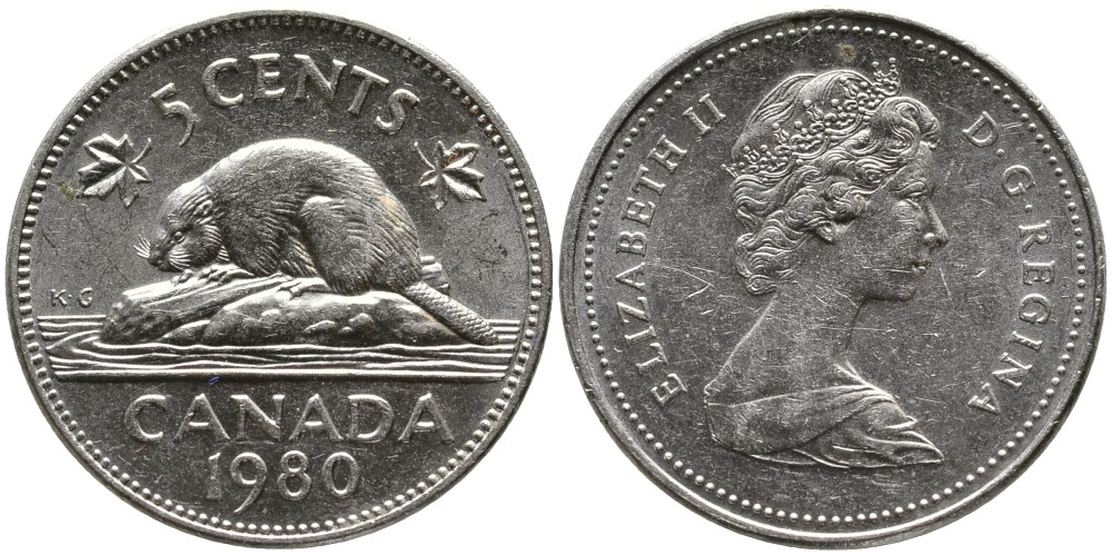 КАНАДА 5 ЦЕНТОВ 1980 ЕЛИЗАВЕТА II (1952-), БОБР, ВТОРОЙ ПОРТРЕТ В КОРОНЕ KM 60.2 никель 4543-653