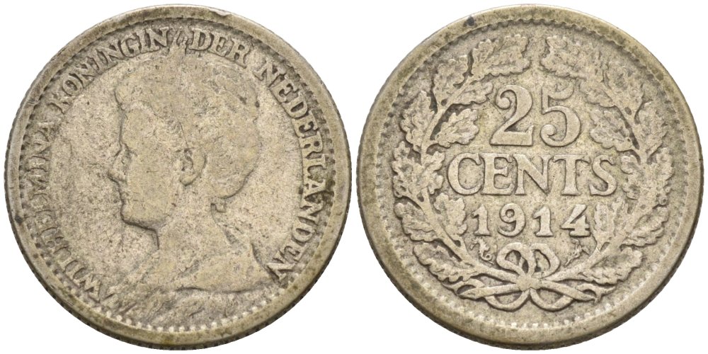 Нидерланды 25 центов 1914 Вильгельмина (1890-1948) KM 146 серебро 4576-131