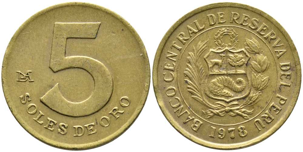 ПЕРУ 5 СОЛЕЙ 1978 KM 271 латунь 110-812