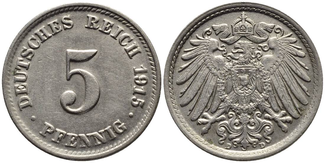 ГЕРМАНИЯ 5 ПФЕННИГОВ 1915 D KM 11, Jager 12, Weege 6 медно-никель 4547-546