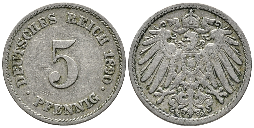 ГЕРМАНИЯ 5 ПФЕННИГОВ 1890 E KM 11, J. 12 медно-никель 39-627