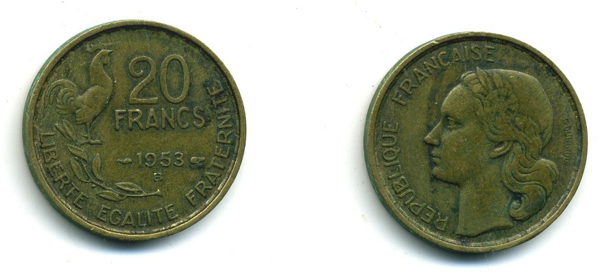 ФРАНЦИЯ 20 ФРАНКОВ 1953 В 4 ПЕРА KM 917.2 алюминиевая бронза 84-833