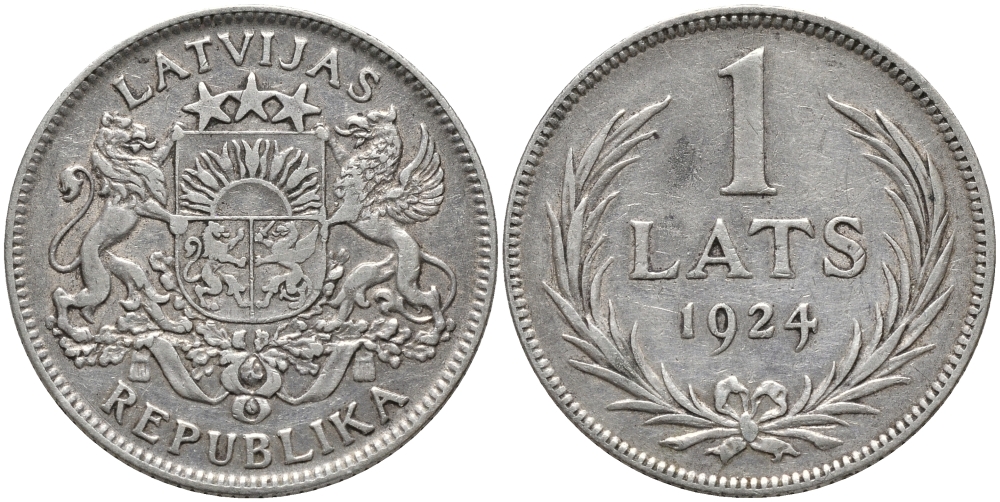 Латвия 1 лат 1924 Первая республика (1918-1939) KM 7 серебро 75-1946