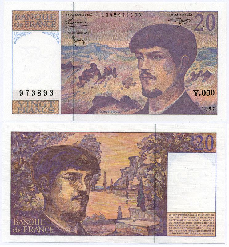 ФРАНЦИЯ 20 ФРАНКОВ 1997 КЛОД ДЕБУССИ Pick 151i бумага UNC (ПРЕСС) 00-00