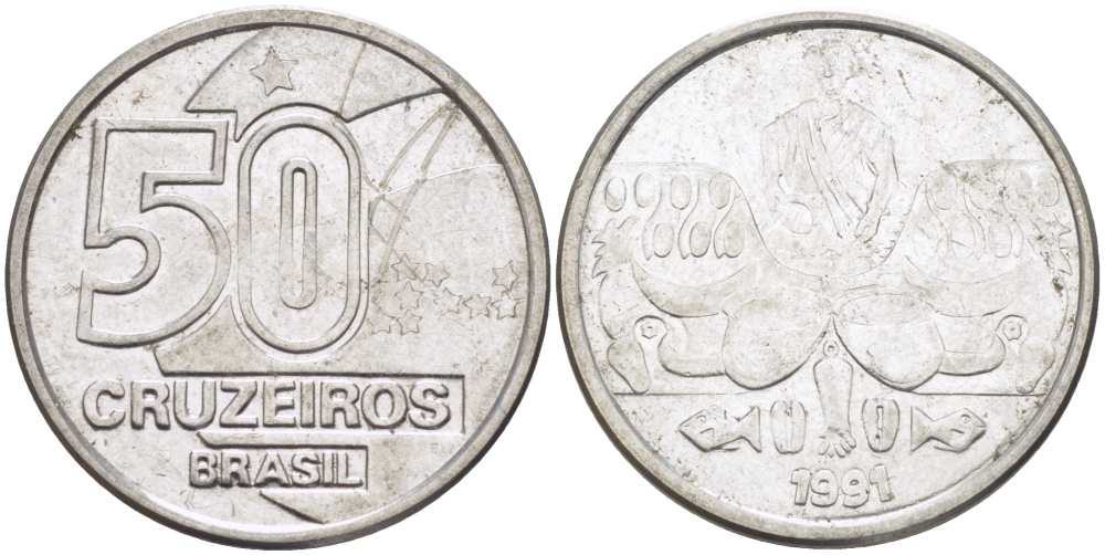Бразилия 50 крузейро 1991 KM 620.2 нержавеющая сталь 4364-1215