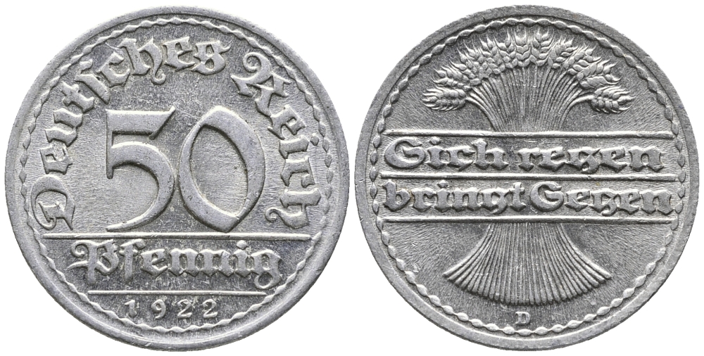 ГЕРМАНИЯ 50 ПФЕННИГОВ 1922 D KM 27, J. 301 алюминий 24-1114