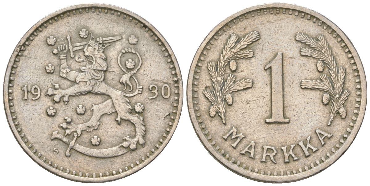 Финляндия 1 марка 1930 S KM 30 медно-никель 4173-343