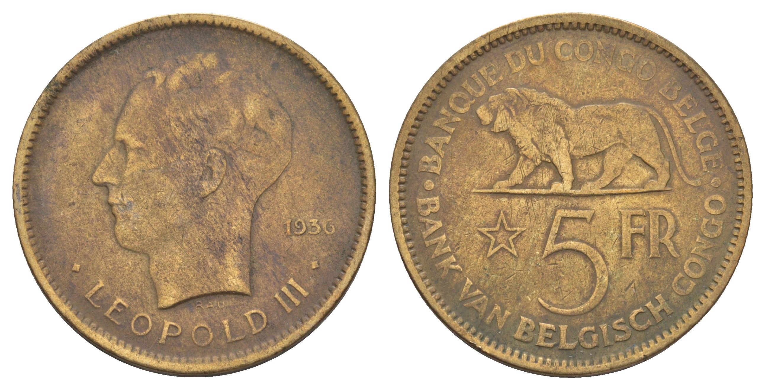 Бельгийское Конго 5 франков 1936 Леопольд III (1934-1951) KM 24 никель латунь 1519-535