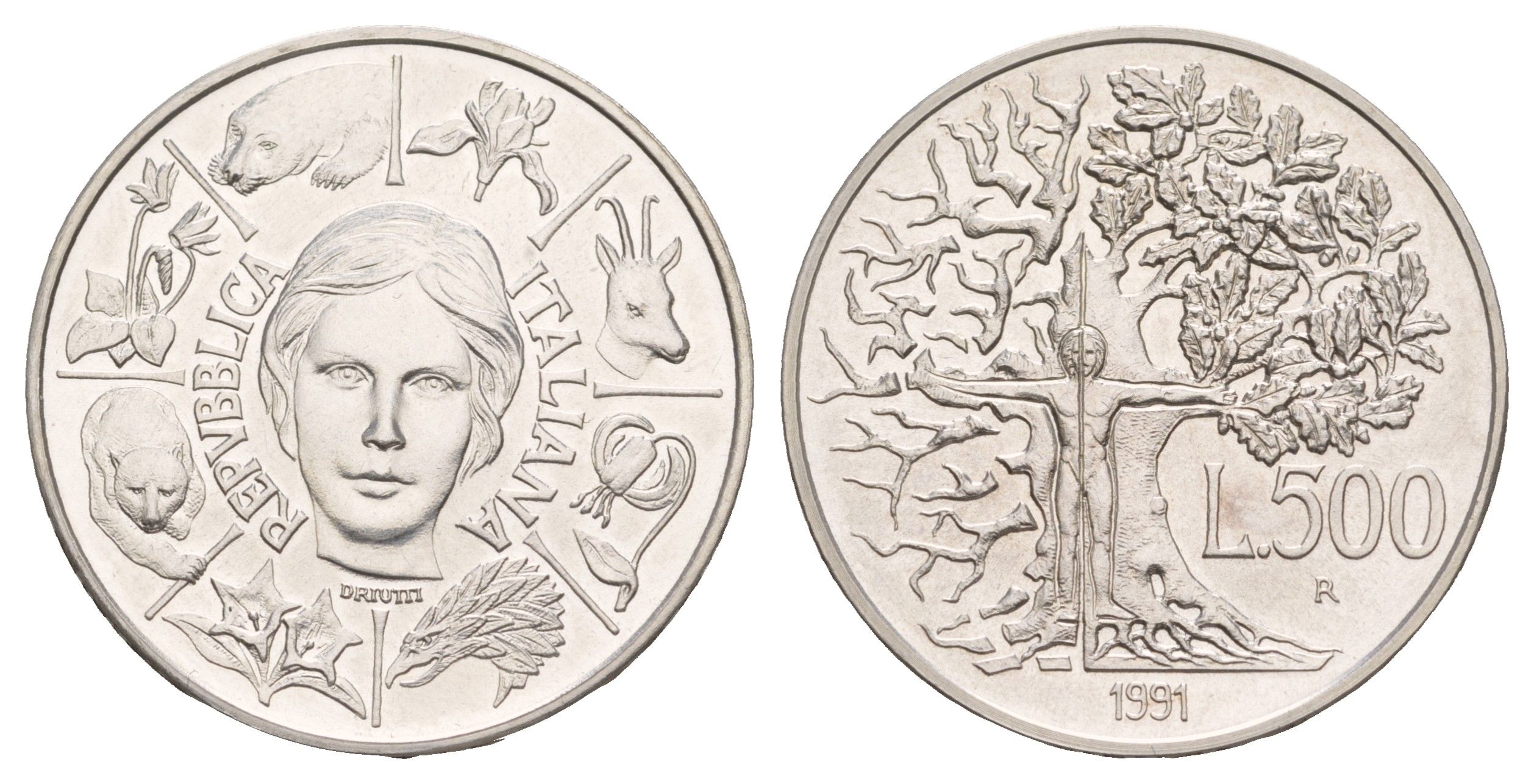 Италия 500 лир 1991 Флора и фауна KM 143 серебро BU 413-6323