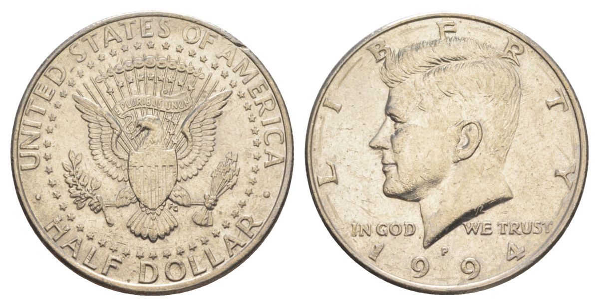 США 1/2 доллара (50 центов) 1994 P, Джон Кеннеди KM A202b медь плакированная медно-никелем aUNC 4517-732