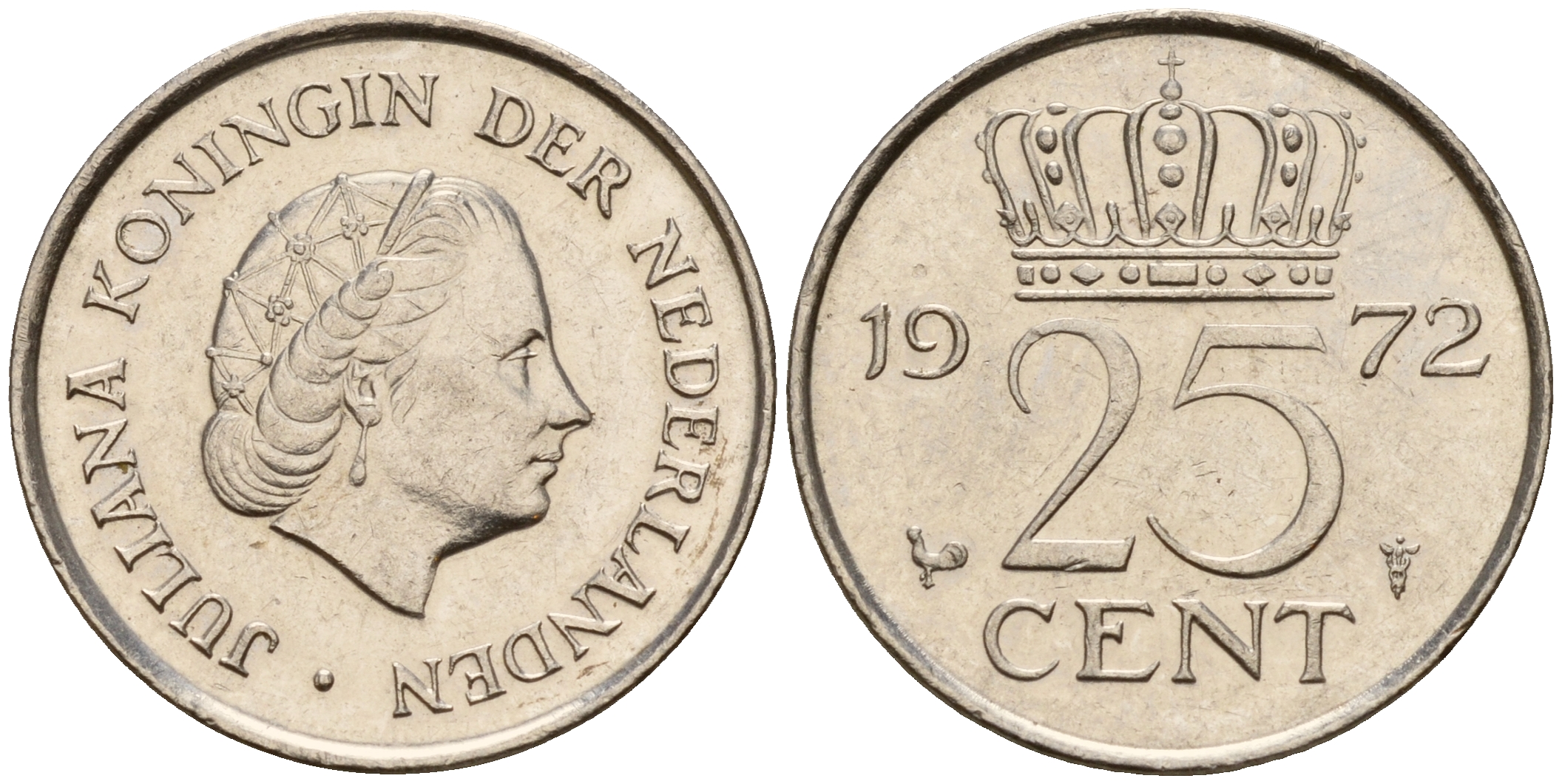 Нидерланды 25 центов 1972 Юлиана (1948-1980) KM 183 никель    4598-465