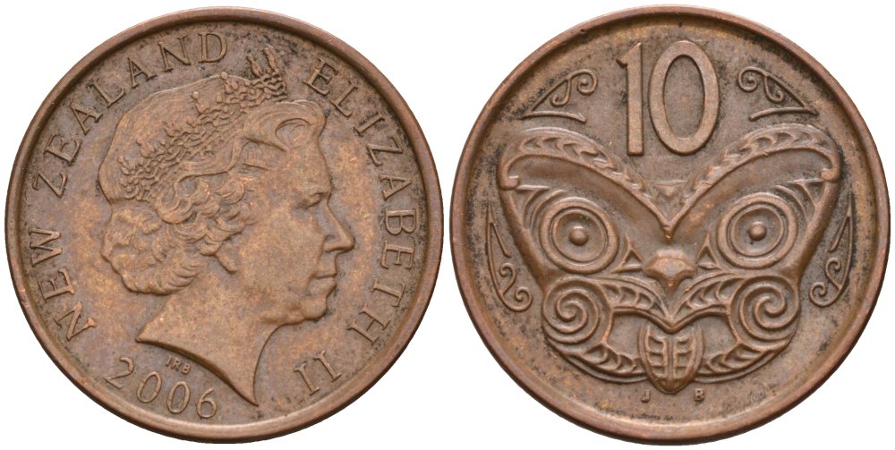 Новая Зеландия 10 центов 2006 маска Маори, Елизавета II (1952-) KM 117а сталь плакированная медью 176-317