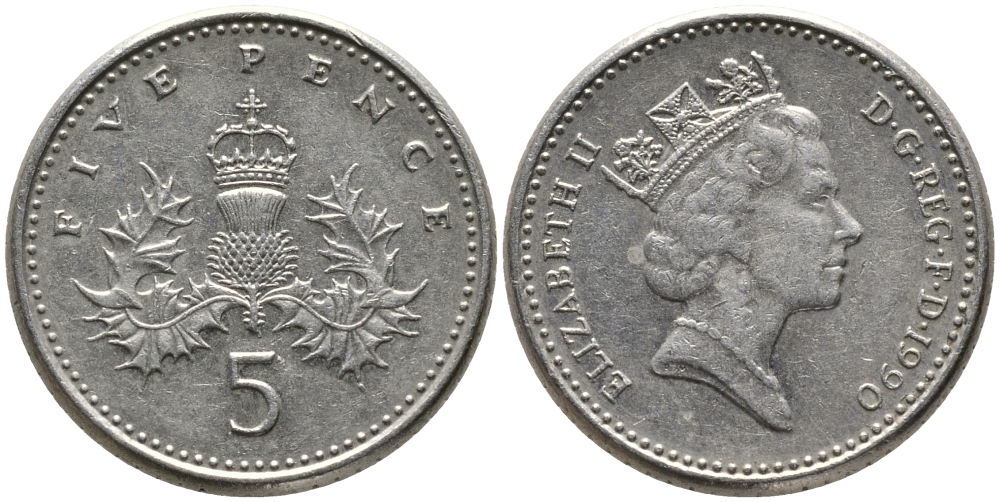 Великобритания 5 пенсов 1990 Елизавета II (1952-2022) KM 937b, Spink 4372 (D4) медно-никель 99-1063