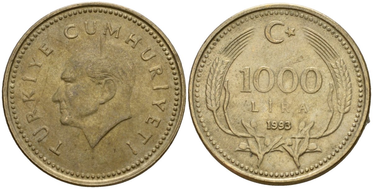 Турция 1000 лир 1993 Кемаль Ататюрк KM 997 медь цинк никель 4601-713