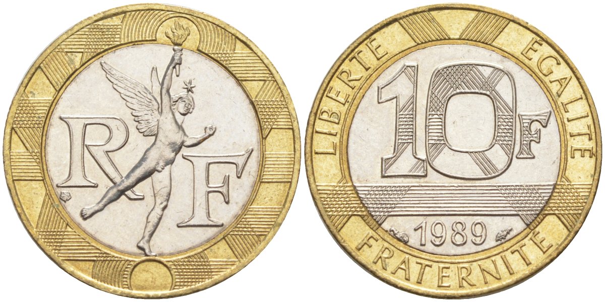 Франция 10 франков 1989 тип Гений Бастилии KM 964.1, Le Frank 375.3 биметалл 4519-234